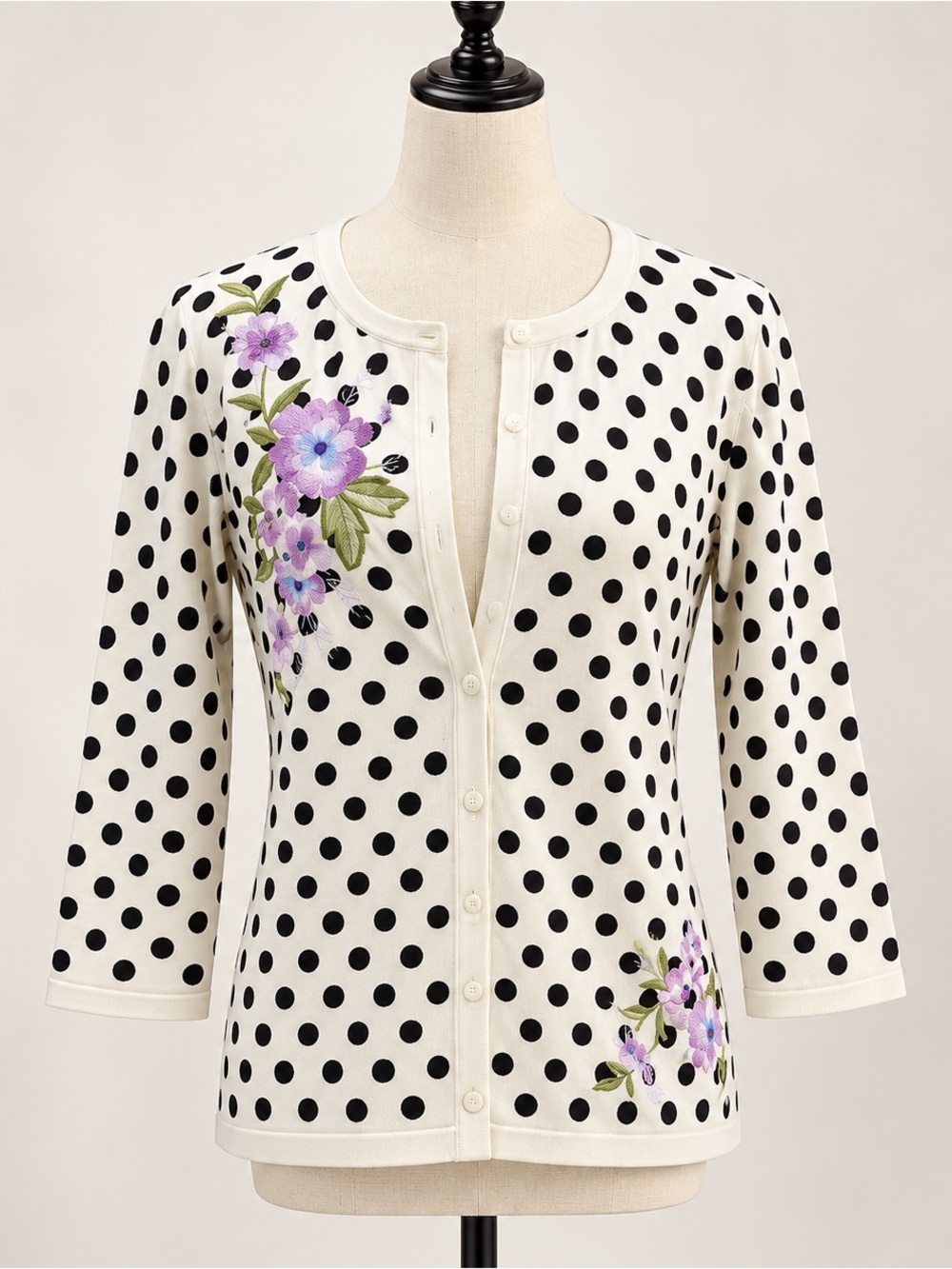 Talbots RSVP Petite M Cardigan Polka Dot Floral Embroidered Cream Black